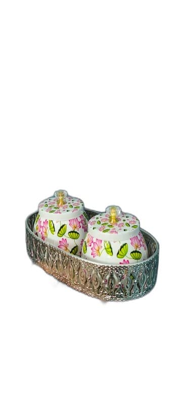 Pink Handpainted Floral Spice Box & Bowls Set