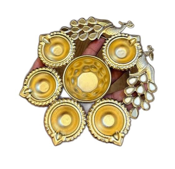 Five-Diya Brass Rim Puja Plate