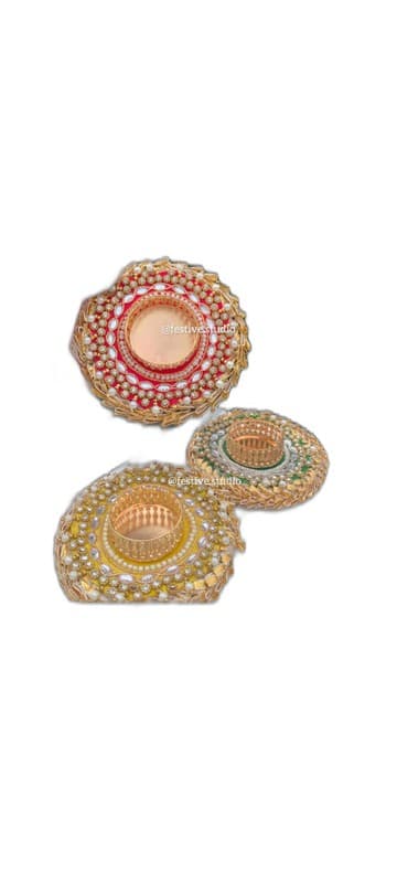 Golden-Beaded Round Tealight Candle Holders