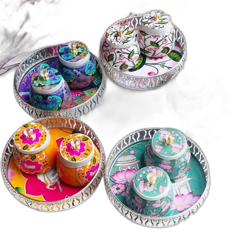 Handpainted Floral Mukhwas Container & Tray Set