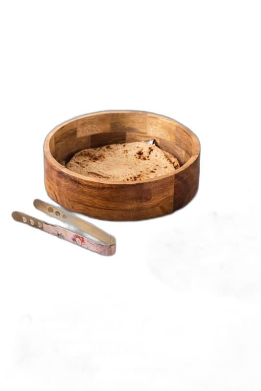 Artisanal Wood-Carved Roti Box with Tongs
