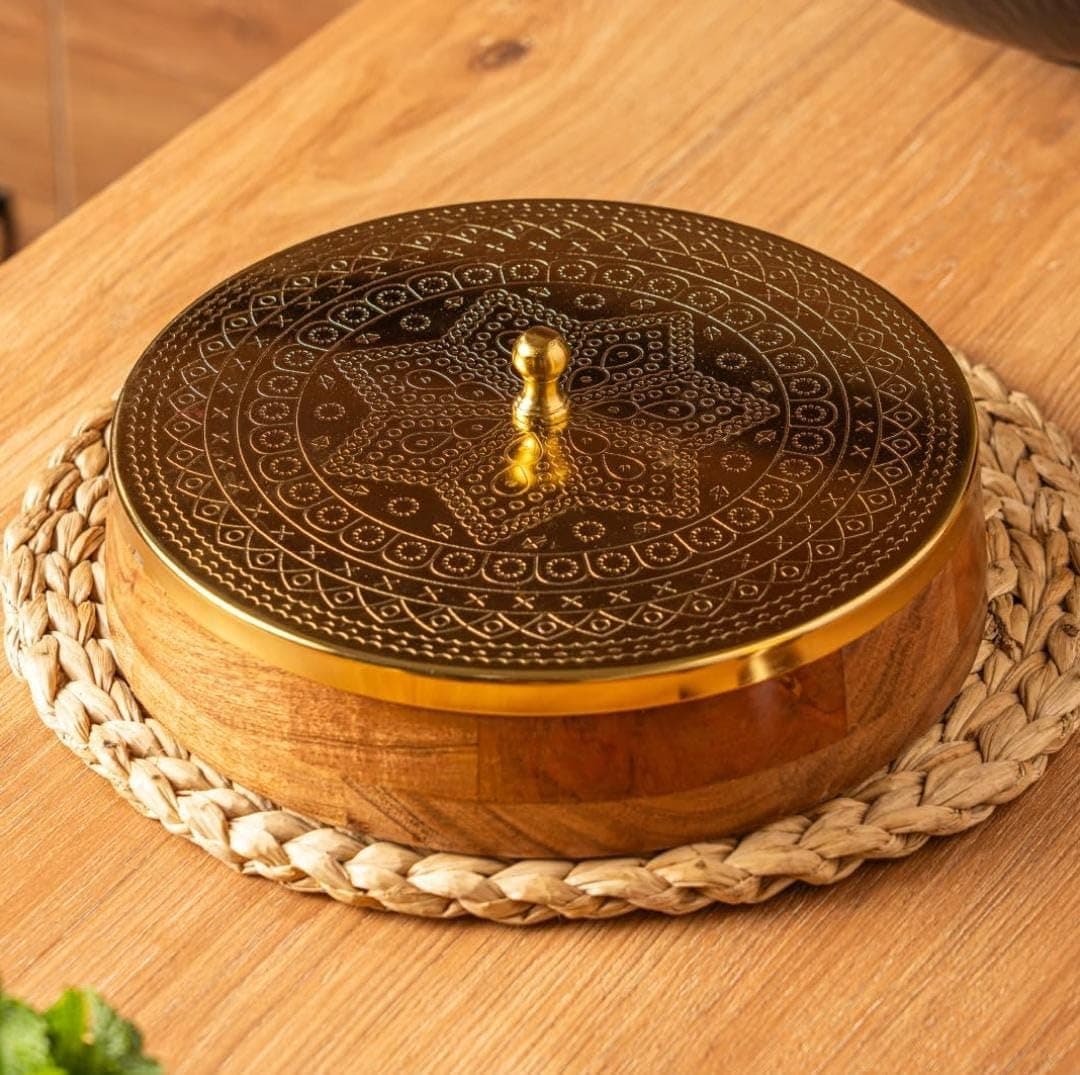 Brass Industry Wooden Spice Box for Kitchen with Spoon – Acacia Wood Masala Dabba, 7 Detachable 120ml Containers | Masala Box, Spice Storage Organizer | Masala Dani Gift Set (Natural Brown & Gold)