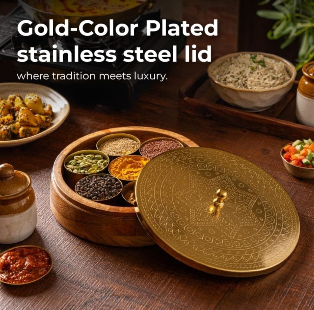 Brass Industry Wooden Spice Box for Kitchen with Spoon – Acacia Wood Masala Dabba, 7 Detachable 120ml Containers | Masala Box, Spice Storage Organizer | Masala Dani Gift Set (Natural Brown & Gold)