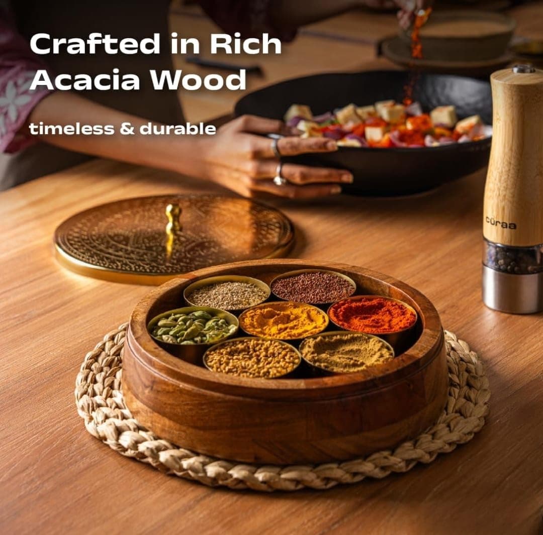 Brass Industry Wooden Spice Box for Kitchen with Spoon – Acacia Wood Masala Dabba, 7 Detachable 120ml Containers | Masala Box, Spice Storage Organizer | Masala Dani Gift Set (Natural Brown & Gold)