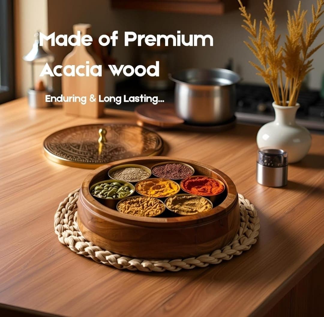 Brass Industry Wooden Spice Box for Kitchen with Spoon – Acacia Wood Masala Dabba, 7 Detachable 120ml Containers | Masala Box, Spice Storage Organizer | Masala Dani Gift Set (Natural Brown & Gold)