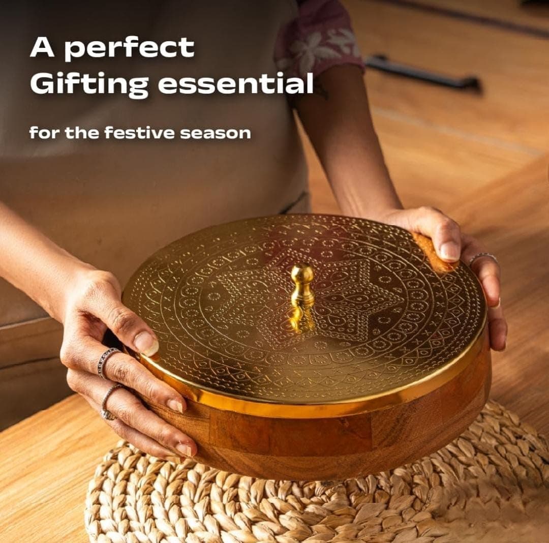Brass Industry Wooden Spice Box for Kitchen with Spoon – Acacia Wood Masala Dabba, 7 Detachable 120ml Containers | Masala Box, Spice Storage Organizer | Masala Dani Gift Set (Natural Brown & Gold)