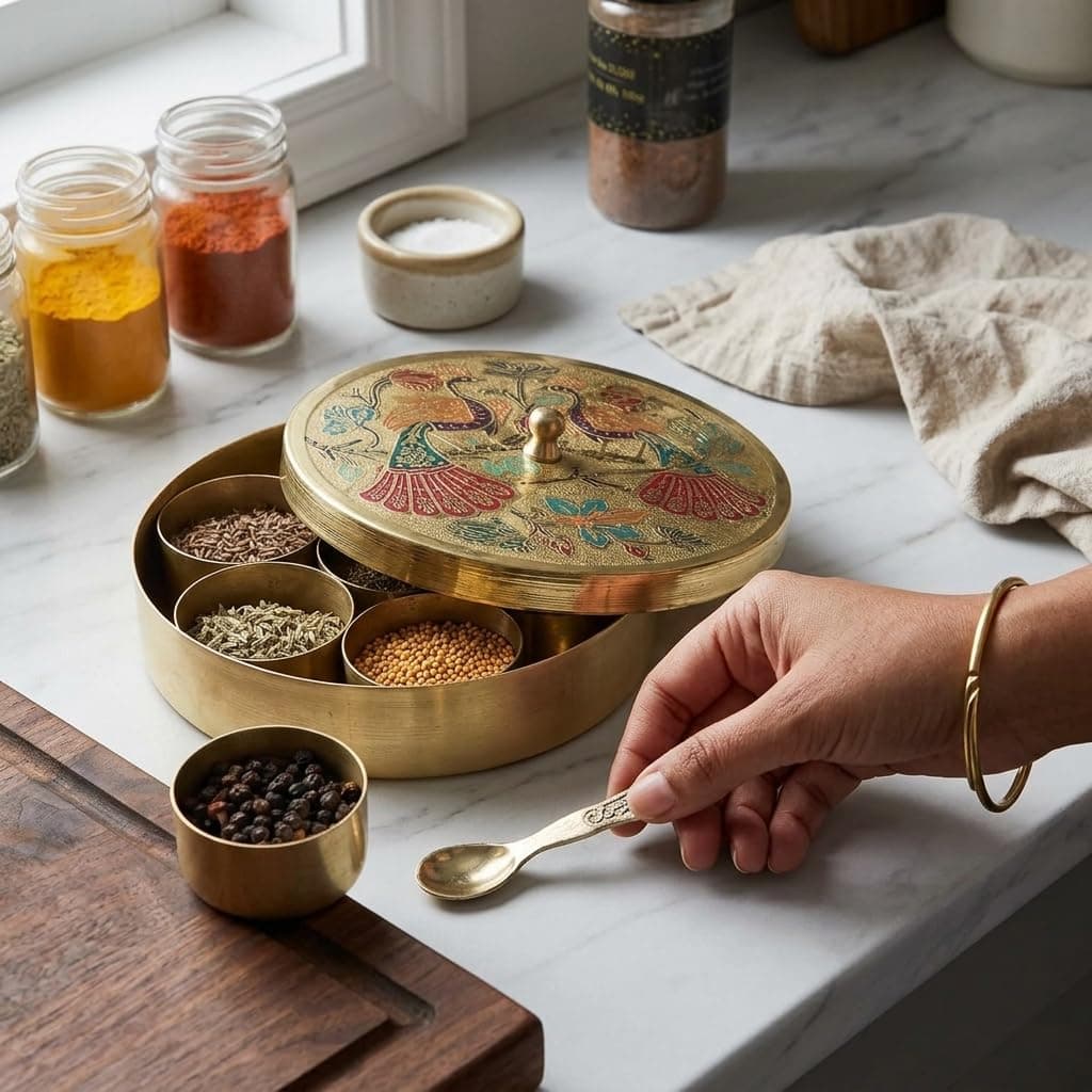 Handcrafted Brass Masala Box (Masala Dabba) with Peacock Design Lid & 7 Compartments with spoon | Indian Spice Storage Container