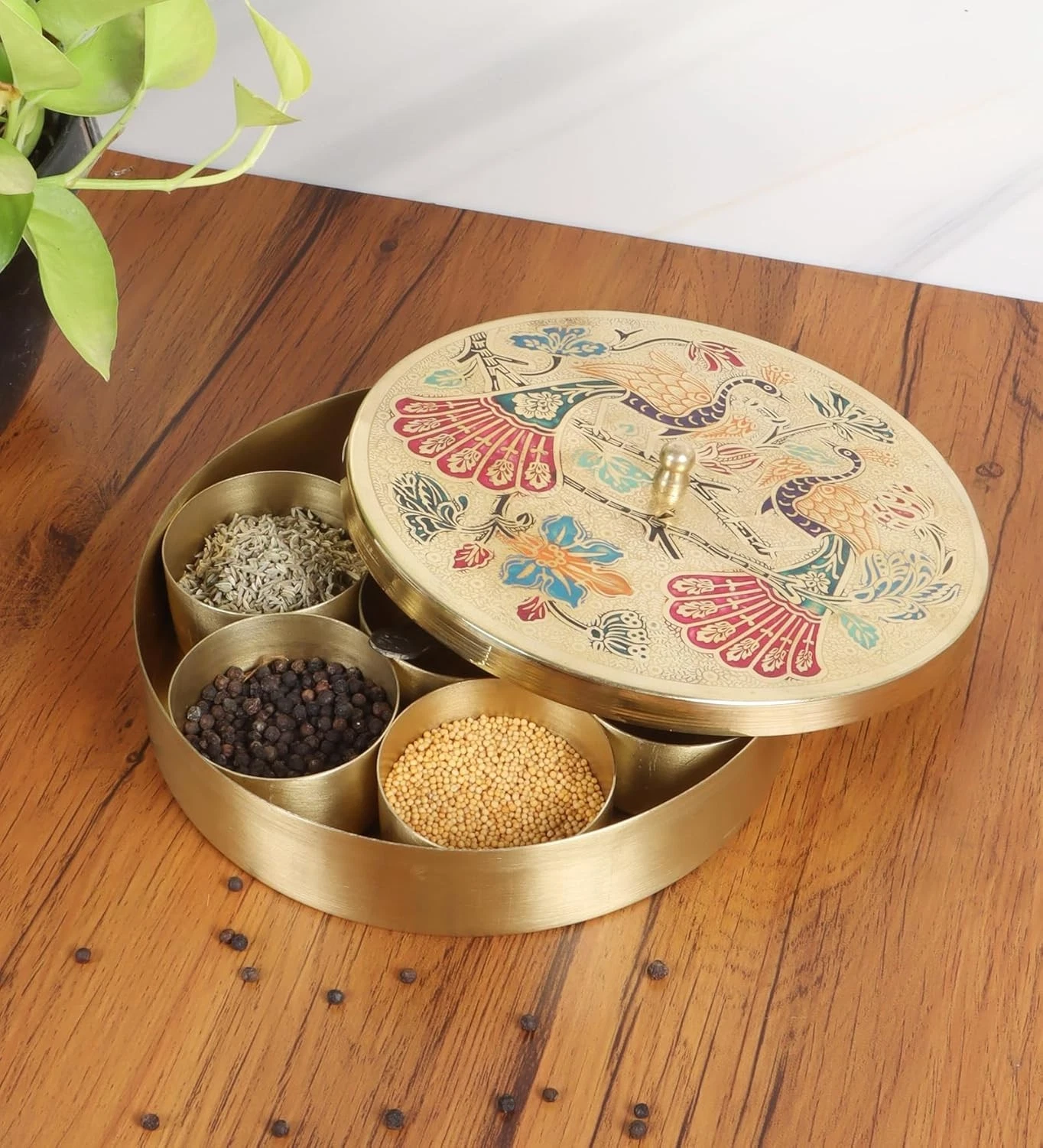 Royal Brass Masala Box in Round Peacock