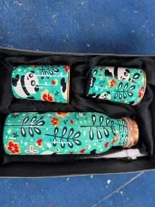 COPPER BOTTLE & 2 GLASS PRINTED SET (4)