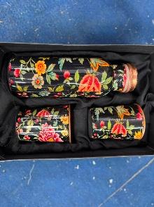 COPPER BOTTLE & 2 GLASS PRINTED SET (5)
