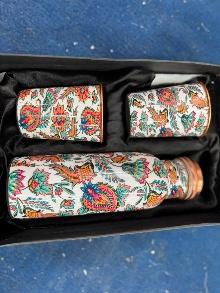 COPPER BOTTLE & 2 GLASS PRINTED SET (7)