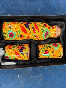 COPPER BOTTLE & 2 GLASS PRINTED SET (8)